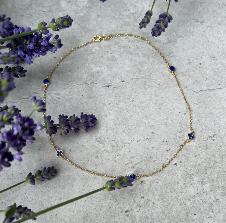 Srebrny pozłacany naszyjnik choker z wisiorkami granatowa emalia