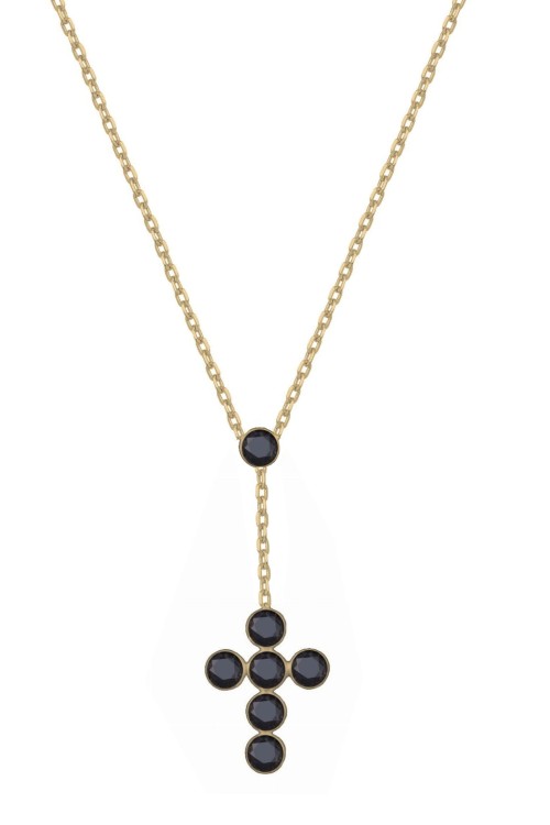 Srebrny pozłacany naszyjnik krawatka z krzyżem i czarnymi cyrkoniami