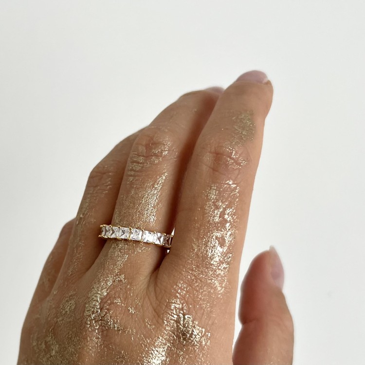 Srebrny pozłacany pierścionek obrączka z cyrkoniami Luksusowy