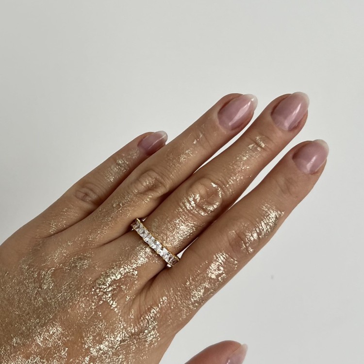 Srebrny pozłacany pierścionek obrączka z cyrkoniami Luksusowy