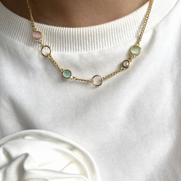 Srebrny pozłacany naszyjnik KOLOROWY odcień pistacja z maliną