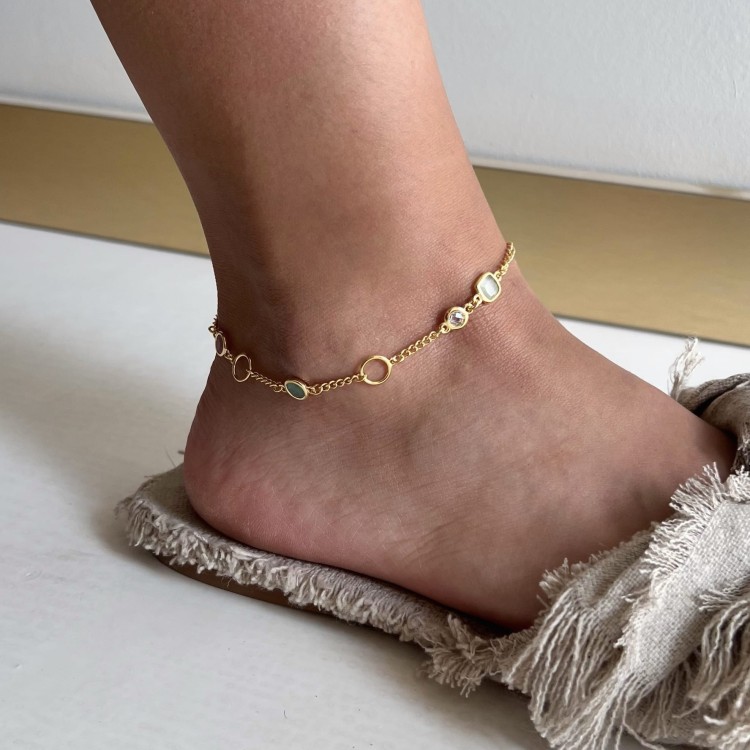 Srebrna pozłacana bransoletka na kostkę KOLOROWA odcień pistacja z maliną