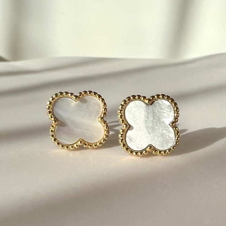 Srebrne pozłacane kolczyki KONICZYNA białe masa perłowa