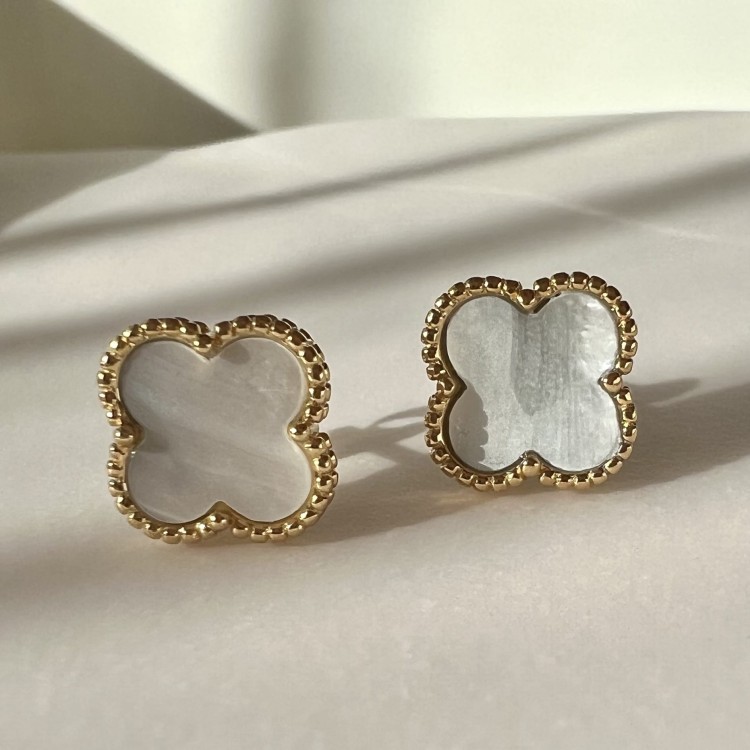 Srebrne pozłacane kolczyki KONICZYNA białe masa perłowa