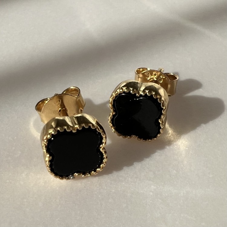 Srebrne pozłacane kolczyki KONICZYNA czarne onyks mini