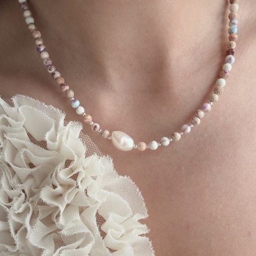 Choker kamienie naturalne jaspis perła PUDROWA PERŁA