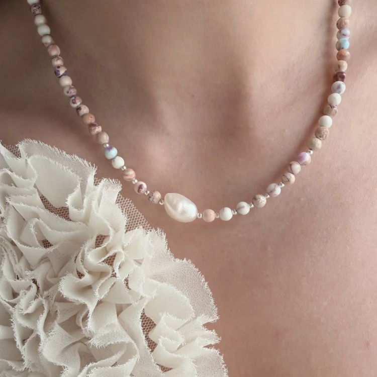 Choker kamienie naturalne jaspis perła PUDROWA PERŁA