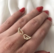 Srebrny pozłacany pierścionek skrzydła z cyrkoniami