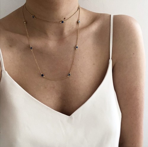 Srebrny pozłacany naszyjnik długi koło i koniczyna z granatową emalia