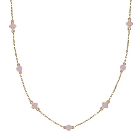 Srebrny pozłacany naszyjnik długi koło i koniczyna z różową emalia