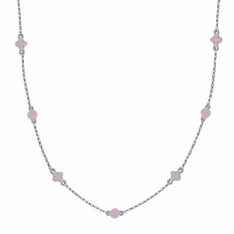 Srebrny naszyjnik długi koło i koniczyna z różową emalia