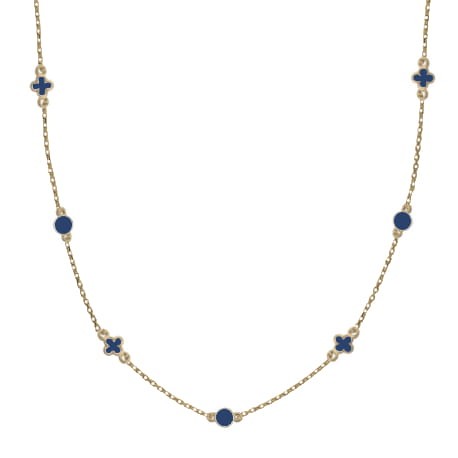 Srebrny pozłacany naszyjnik długi koło i koniczyna z granatową emalia