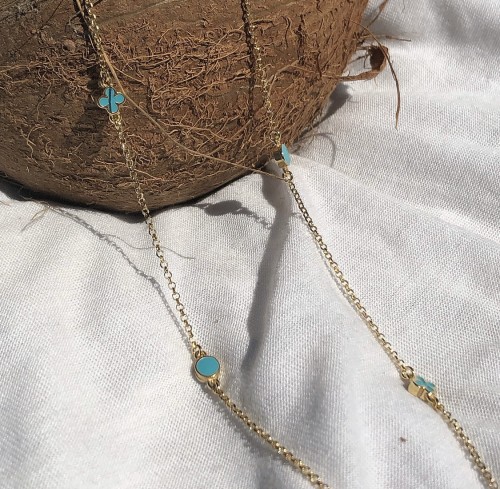 Srebrny pozłacany naszyjnik długi koło i koniczyna z niebieską emalią