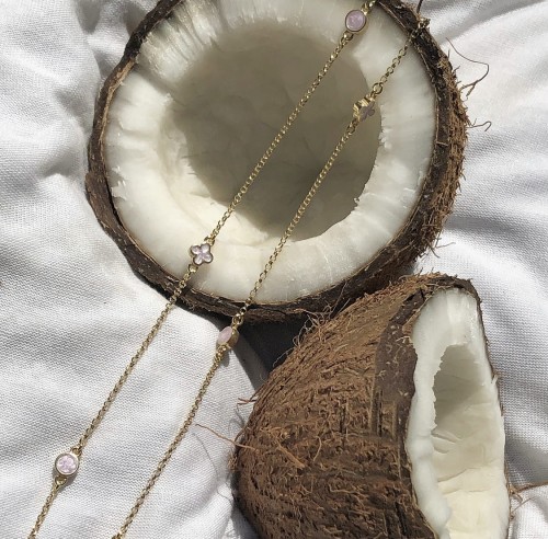 Srebrny pozłacany naszyjnik długi koło i koniczyna z różową emalia